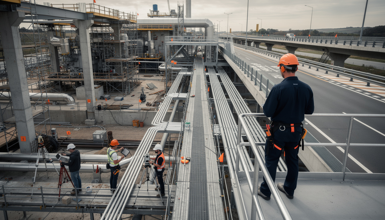 Equipe de engenharia em plataforma industrial com tubulações e estruturas metálicas